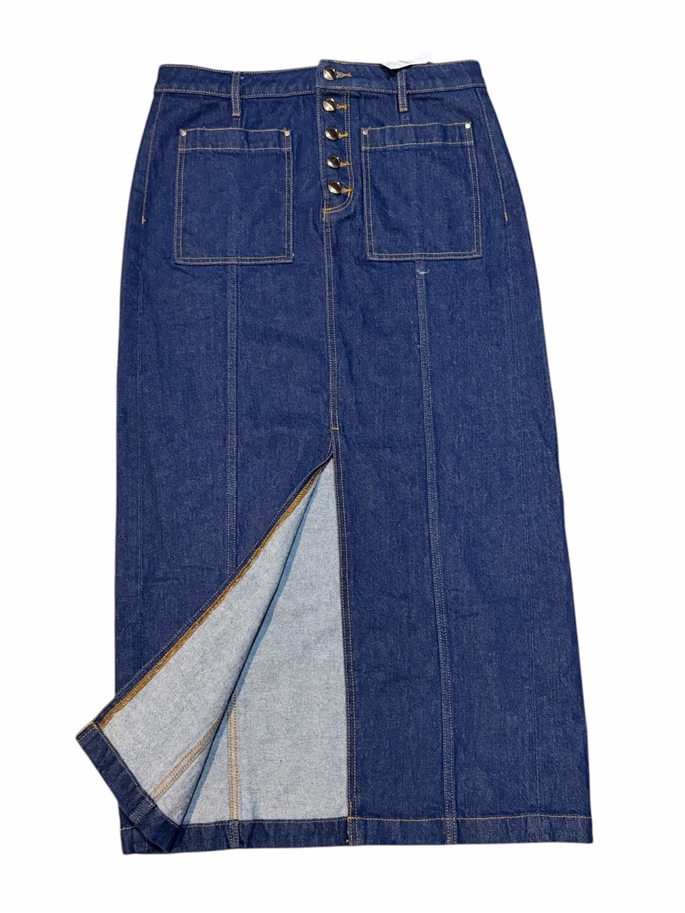 Ann Taylor LOFT Dark Blue Denim Button-Front Midi Skirt with Front Slit